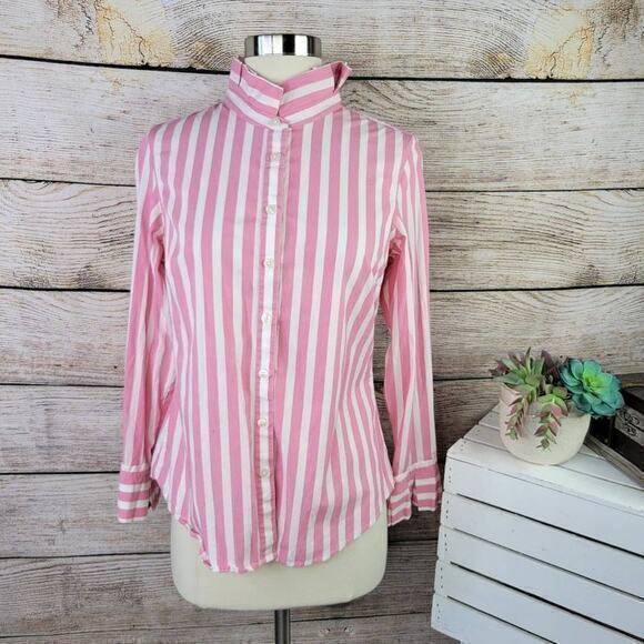 Banana Republic Button‎ Down Striped Ruffle Collar Pink White Size 8 Petite - Picture 1 of 8